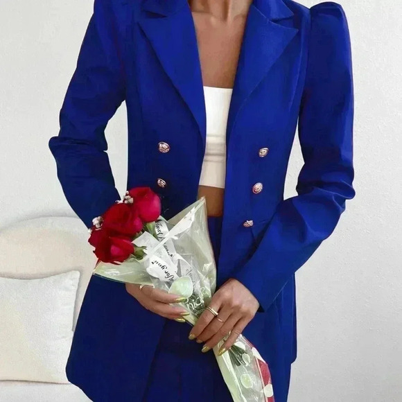 Royal Blue Elegant Women's Double Breasted Blazer & mini Skirt - Picture 5 of 5